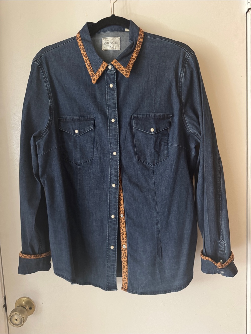 Grace Dark Blue Denim Shirt with Leopard Trim